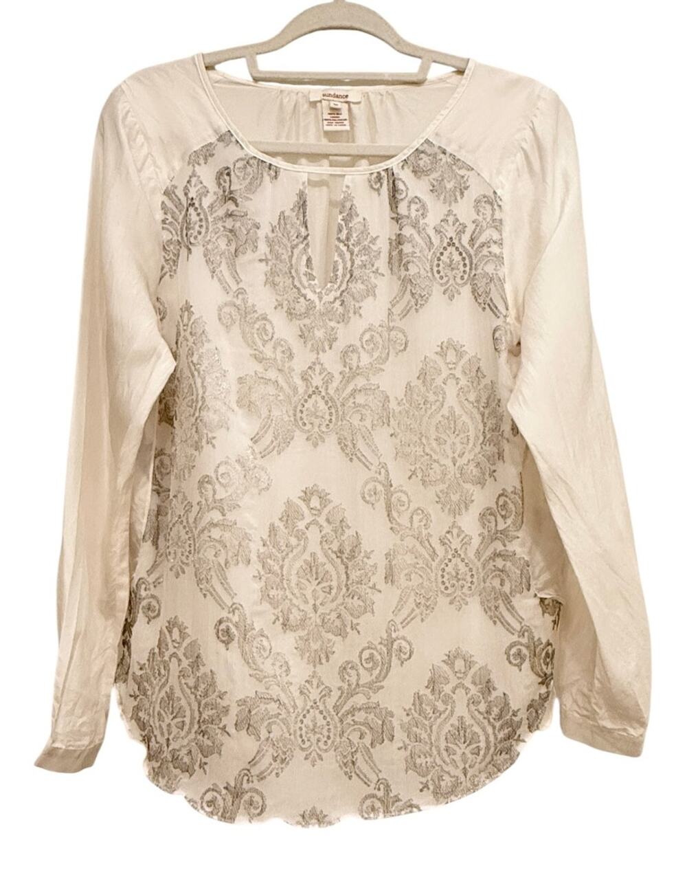 Sundance Silk Boho Paisley Print Peasant Blouse Ivory Taupe Medium
